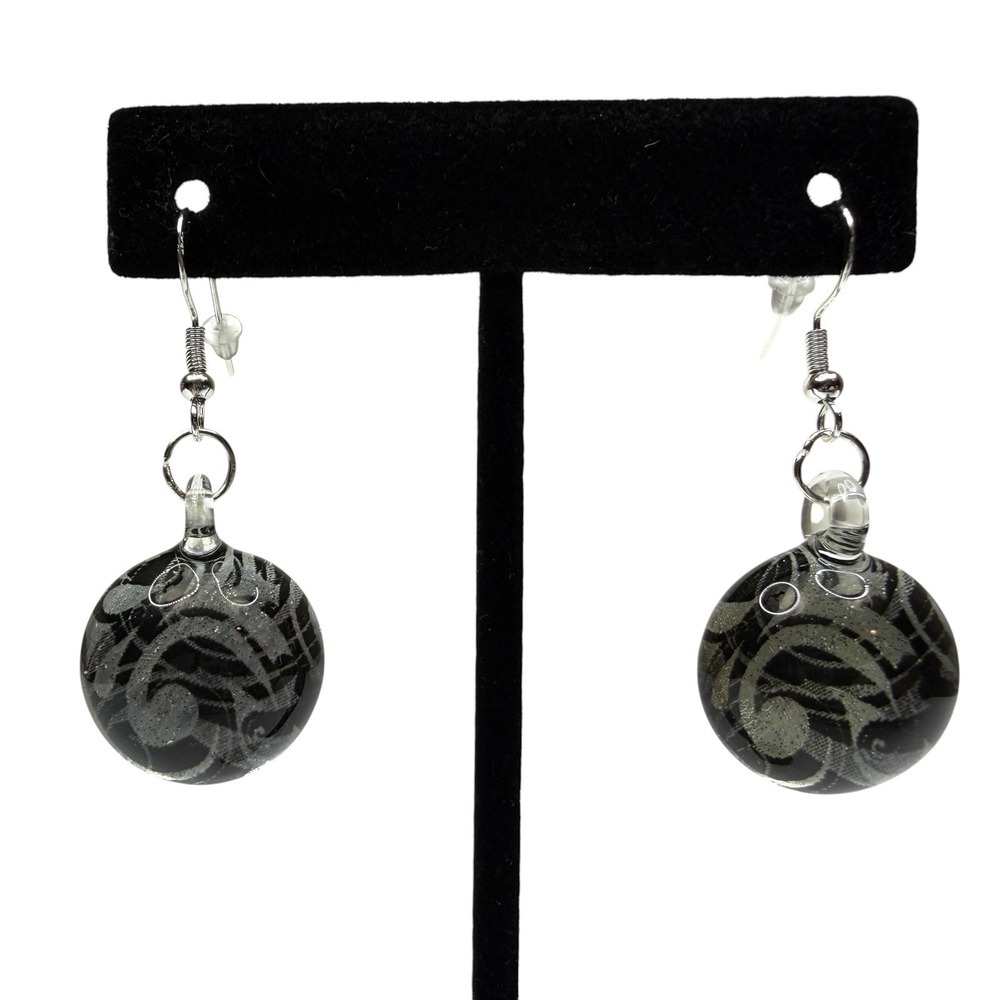 Sterling Silver S925 Glass Black & Grey Swirl Art Dangle Drop Earrings Handmade